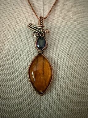 Handcrafted Copper Necklace with Amber Marquise Pendant and Smoky Accent